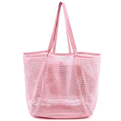 HOHOM Beach Bags for Women, Summer Travel Mesh Tote Bag with Large Inner Pocket, Sandproof Woven Shoulder Handbag - color: Pinky