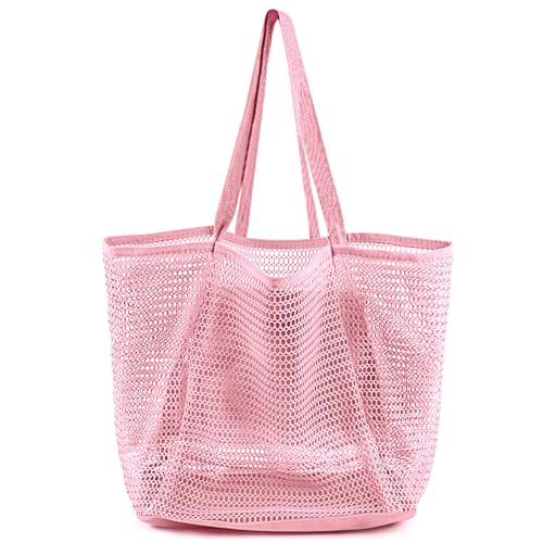HOHOM Beach Bags for Women, Summer Travel Mesh Tote Bag with Large Inner Pocket, Sandproof Woven Shoulder Handbag - color: Pinky