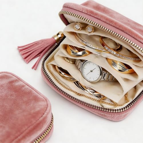 Small Travel Jewelry Case for Women, 6-Layer Velvet Organizer Pouch with Zipper, Anti-Scratch Portable Bag for Bracelets, Rings, Earrings & Necklaces (Pink) - color: Pink
