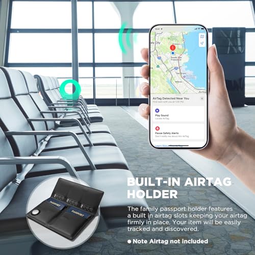 VULKIT Family Passport Holder for 4 Leather Passport Wallet with Airtag Slot Multiple Passport Holder RFID Blocking Bifold Travel Documents Organizer - color: Black