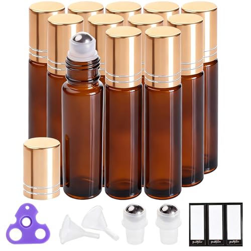 PrettyCare 12 Pack, 10 ml Essential Oil Roller Bottles with Stainless Steel Roller Ball - Refillable Leak-proof Empty Thick Amber Glass Roll on Bottles with Metal Caps for Travel, Perfume - color: Amber with Golden Cap, size: 12 Pack