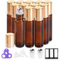 PrettyCare 12 Pack, 10 ml Essential Oil Roller Bottles with Stainless Steel Roller Ball - Refillable Leak-proof Empty Thick Amber Glass Roll on Bottles with Metal Caps for Travel, Perfume - color: Amber with Golden Cap, size: 12 Pack