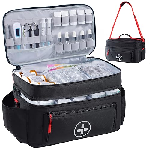 BAGSFY Travel Medicine Bag Organizer, Medical Bag Empty, Pill Bottle Organizer for Home, Large Medication Storage, Travel Carrying Case First Aid Kit Bags Empty, Emergency Kit. - color: Black