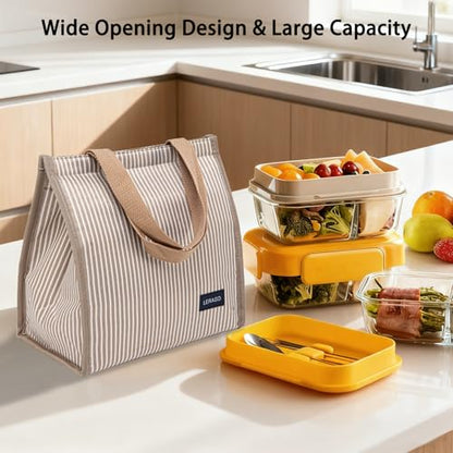 Insulated Lunch Bag for Work, 10.2"x5.9"x10.2" Oxford Waterproof Striped Canvas Tote Bag - color: Gold White