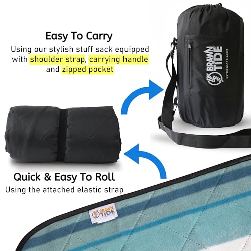 BRAWNTIDE Large Waterproof Outdoor Blanket, Extra Thick Fleece, Warm, Windproof & Sandproof, Quilted Stadium Blanket for Sports Events, Beach, Camping, Picnics, Dogs & Car, 82" x 55 - color: Teal Green