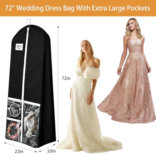 72" Wedding Dress Garment Bag with 10'' Gusseted Dress Bags for Gowns Long 4 Pockets Dress Bag Garment Storage Cover for Women, Black