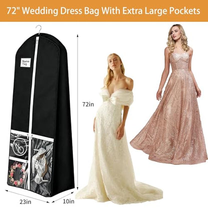 72" Wedding Dress Garment Bag with 10'' Gusseted Dress Bags for Gowns Long 4 Pockets Dress Bag Garment Storage Cover for Women, Black