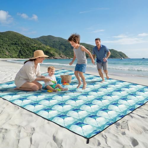 OIGAE 7x7ft Sandproof Beach Blanket - Large Waterproof Picnic Mat for 3-4 People, Lightweight Sand Free Mat for Summer Vacation with 6 Stakes & 4 Corner Pockets for Beach, Camping, Festivals - color: Manta Ray, size: 7x7 Ft (2～4 person)