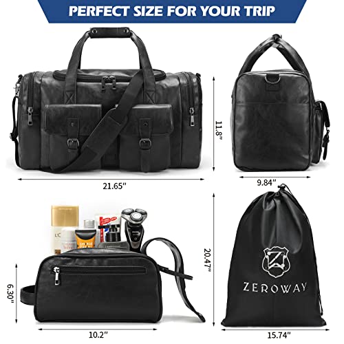 Zeroway PU Leather Travel Duffel Bag with Laundry Bag, Weekender Overnight bag Luggage Carry-On Bag with Shoe Pouch for Men or Women Black - color: Black-travel set