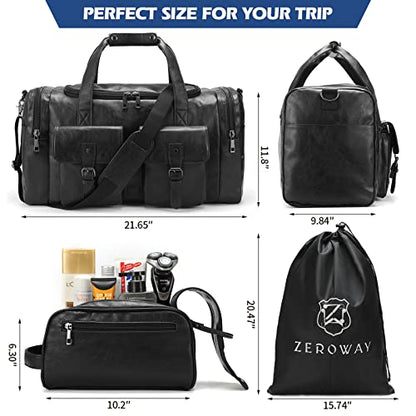 Zeroway PU Leather Travel Duffel Bag with Laundry Bag, Weekender Overnight bag Luggage Carry-On Bag with Shoe Pouch for Men or Women Black - color: Black-travel set