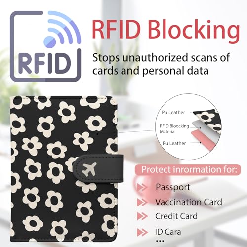 Passport Holder, Travel Wallet Cover with Pen Loop | Cute RFID Blocking Leather Case with Magnetic Closure for Travel Essentials-Flower - color: D-Graphic