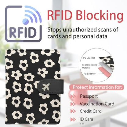 Passport Holder, Travel Wallet Cover with Pen Loop | Cute RFID Blocking Leather Case with Magnetic Closure for Travel Essentials-Flower - color: D-Graphic