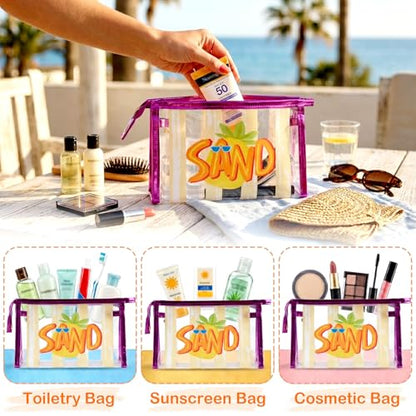 COSHAYSOO Sunscreen Bag Clear Makeup Toiletry Pouch Beach Vacation Essentials for Women Teen Girls Trip Gifts Summer Pool Travel Must Have Accessories Waterproof Stuff - color: Multi-Sand