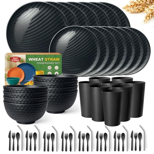 Teivio 32-Piece With Flatware Kitchen Plastic Wheat Straw Dinnerware Set, Service for 8, Dinner Plates, Dessert Plate, Cereal Bowls, Cups, Unbreakable Plastic Outdoor Camping Dishes, Gray Ombre - color: Flatware Gray Ombre