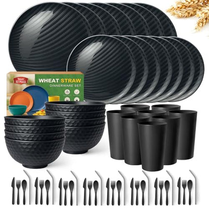 Teivio 32-Piece With Flatware Kitchen Plastic Wheat Straw Dinnerware Set, Service for 8, Dinner Plates, Dessert Plate, Cereal Bowls, Cups, Unbreakable Plastic Outdoor Camping Dishes, Gray Ombre - color: Flatware Gray Ombre