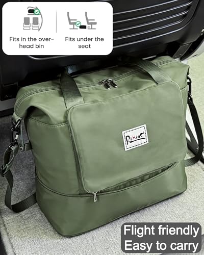 Foldable Travel Duffel Bag for Women, 40L Expandable Carry on Bag Personal Item Flight Approved, Lightweight Water Resistant Overnight Weekender Bag with Wet Pocket for Gym Travel, Olive Green - color: Olive green