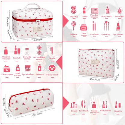 Gosect 3pc Makeup Bag Set, Quilted Makeup Bag Set, Large Floral Cosmetic Bag for Women, Cute Cotton Makeup Bags, Flower Travel Toiletry Organizer Bag (Pink Cherry Flowers) - color: Red Cherry
