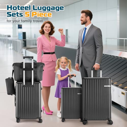 Hoteel Luggage Sets 5 Piece (4-YEARS WARRANTY), ABS+PC Suitcases with Wheels and Side Hook, Hardshell 20/24/28 inch Luggage with Duffel Bag Travel Bag, Black - color: Black, size: 5 Piece Set (20/24/28/DB/TB)