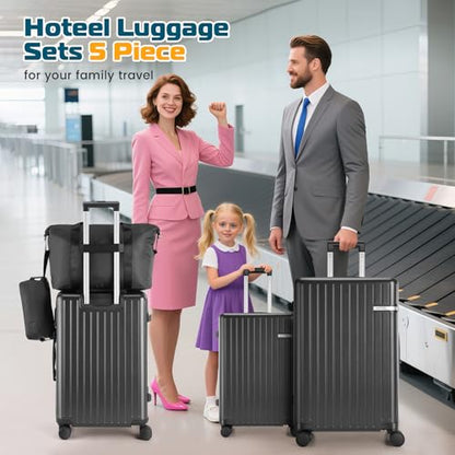 Hoteel Luggage Sets 5 Piece (4-YEARS WARRANTY), ABS+PC Suitcases with Wheels and Side Hook, Hardshell 20/24/28 inch Luggage with Duffel Bag Travel Bag, Black - color: Black, size: 5 Piece Set (20/24/28/DB/TB)