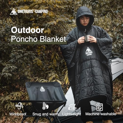 ONETIGRIS Camping Blanket Poncho with with Recycled Synthetic Insulation,Wearable Hoodie Blanket | Ultralight Water-Resistant Warm Camping Blanket for Outdoor, Hiking, Stadium - color: 2pcs-black
