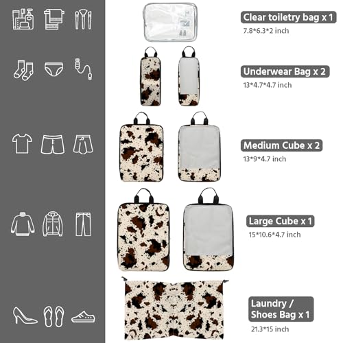 7 Pcs Compression Packing Cubes for Travel, Waterproof Suitcase Luggage Backpack Organizer with Toiletry Bag Travel Essentials for Women/Men-Cow Print - color: Brown-Cow Print
