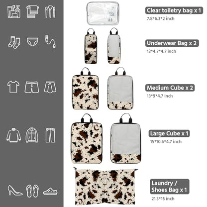 7 Pcs Compression Packing Cubes for Travel, Waterproof Suitcase Luggage Backpack Organizer with Toiletry Bag Travel Essentials for Women/Men-Cow Print - color: Brown-Cow Print