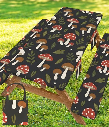 Picnic Table Cover with Bench Covers Elastic Tablecloth Camping Essentials Table Cloth Outdoor Glamping Cool Unique Fun Ideas Birthday Camping Gifts for Mother Mama Mommy Mom from Daughter Son Black - color: Black mushrooms, size: 96in