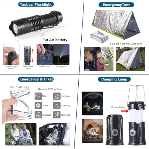 254 in 1 Survival Kit, First Aid Kit Survival for Outdoor Emergencies Includes Hatchet, Shovel, Flashlight, Tools Ideal for Camping, Hiking, Travel Gift for Men