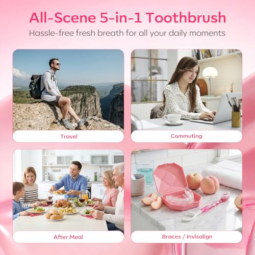 FAMILIFE Travel Toothbrush - 5 in 1 Mini Disposable Toothbrush with Toothpaste, Floss Picks & Tongue Scraper, Individually Wrapped Prepasted Brush for Weekend, Business Trip & Camping (Peach, 24pcs) - color: Peach 24 Pcs