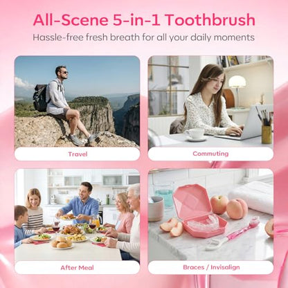FAMILIFE Travel Toothbrush - 5 in 1 Mini Disposable Toothbrush with Toothpaste, Floss Picks & Tongue Scraper, Individually Wrapped Prepasted Brush for Weekend, Business Trip & Camping (Peach, 24pcs) - color: Peach 24 Pcs