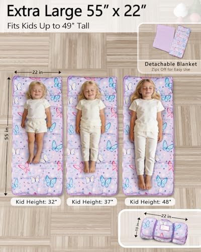 Primlect Toddler Nap Mat Extra Large Thickened 55''x35'', Soft Sleeping Bag with Detachable Minky Blanket and Pillow, Portable for Daycare, Preschool, Kindergarten, Travel, Boys and Girls - color: Purple Butterfly