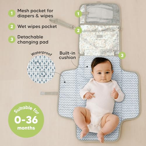 KeaBabies Portable Diaper Changing Pad, Travel, Car - Large Waterproof Baby Changing Mat, Wipeable, Padded, On The Go Travel Diaper Clutch Bag, Easy to Use Pockets for Newborn Essentials (Prairie) - color: Prairie
