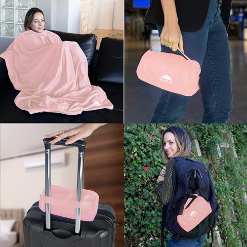 BlueHills Ultra Compact Travel Blanket Pillow in Portable Bag Case Soft with Strap Backpack Clip Premium Cozy Soft Compact Pack Large Blanket for Airplane Flight Layover - (Pink C006, 70 x 56 inch) - color: C006-pink