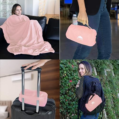BlueHills Ultra Compact Travel Blanket Pillow in Portable Bag Case Soft with Strap Backpack Clip Premium Cozy Soft Compact Pack Large Blanket for Airplane Flight Layover - (Pink C006, 70 x 56 inch) - color: C006-pink