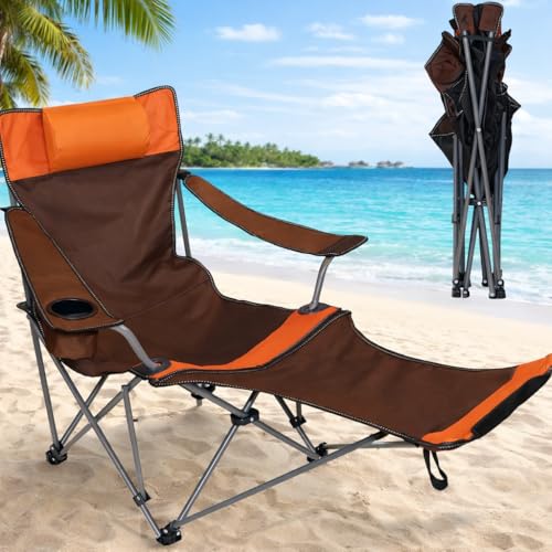 Camping Lounge Chair with Headrest Footrest and Storage Bag, Portable Folding Reclining Camping Chair with Foot Rest for Adults Outdoor Camping Beach Hiking Fishing (Orange Brown)