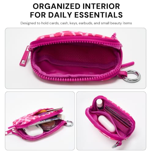 YDF Small Nylon Wristlet Wallet for Women, Minimalist Zip Keychain Coin Purse Card Case with Clear ID Window, Water-Resistant Pouch - color: Hot Pink Leopard
