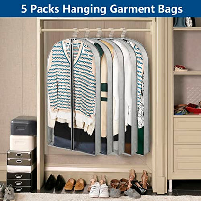 5 Pack 40" Garment Bags for Hanging Clothes Storage, Clear Suit Garment Bags with 4" Gussets for Closet Storage Travel, Plastic Protector for Coat, Jacket, Sweater, Shirts - size: 40" 5Pack