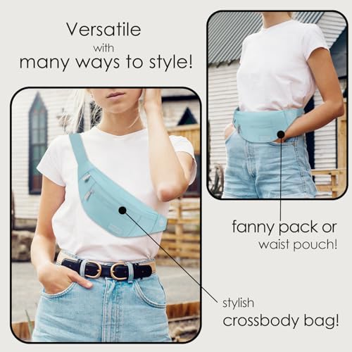 MAXTOP Large Crossbody Fanny Pack with 4-Zipper Pockets,Gifts for Enjoy Sports Festival Workout Traveling Running Casual Hands-Free Wallets Waist Pack Phone Bag Carrying All Phones - color: Dusty Blue, style: Large Fanny Pack(4 Zipper Pockets)