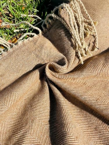 Picnic Blanket Extra Large Waterproof with Strap 59"x79" - Machine Washable Tassels Faux Wool Cashmere for Park, Grass, Camping, Hiking, Concerts (Deep Tan with white shoulder strap, 59"X79") - color: Deep Tan With White Shoulder Strap