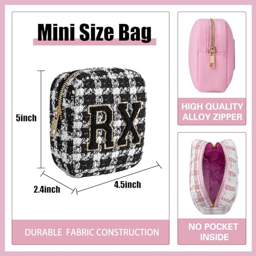 uekeboag Personalized Small Checkered Medicine Cosmetic Bag, Cute Plaid Pattern Chenille Letter Patch RX Drug Pouch with Zipper, Makeup Travel Gift Bag for Women and Girls (09 White Checkered) - color: 09White Checkered