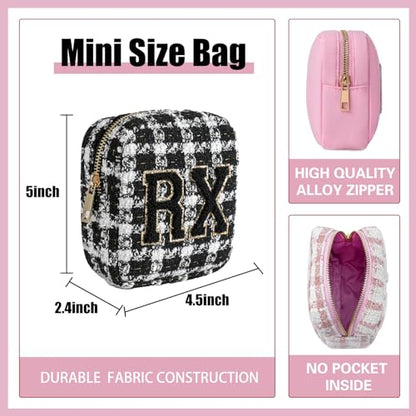 uekeboag Personalized Small Checkered Medicine Cosmetic Bag, Cute Plaid Pattern Chenille Letter Patch RX Drug Pouch with Zipper, Makeup Travel Gift Bag for Women and Girls (09 White Checkered) - color: 09White Checkered
