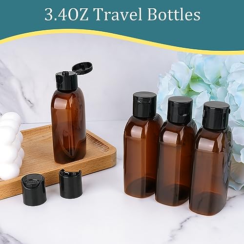 Cosywell Travel Shampoo Bottles 4pcs 3.4oz TSA Approved Travel Size Bottles for Toiletries Leak Proof Empty Lotion Containers with Flip Cap Small Plastic Squeeze Bottle - color: D-3.4oz-Brown-4blank