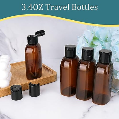 Cosywell Travel Shampoo Bottles 4pcs 3.4oz TSA Approved Travel Size Bottles for Toiletries Leak Proof Empty Lotion Containers with Flip Cap Small Plastic Squeeze Bottle - color: D-3.4oz-Brown-4blank