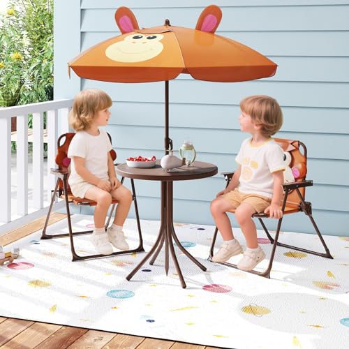 HONEY JOY Kids Picnic Table, Animal Themed Toddler Outdoor Table and Chair Set, 2 Folding Chairs & Removable Umbrella, Children Outdoor Furniture for Backyard Patio Garden (Brown Monkey) - color: Brown Monkey