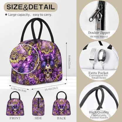 Butterfly Skull Lunch Box for Women Men Insulated Gothic Purple Butterfly Lunch Bag Reusable Large Containers Cooler Lunch Tote Bag for Office Work Picnic Hiking - color: Butterfly Skull