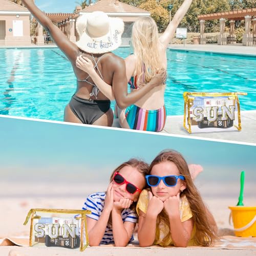COSHAYSOO Sunscreen Bag Clear Makeup Toiletry Pouch Beach Vacation Essentials for Women Teen Girls Trip Gifts Summer Pool Travel Must Have Accessories Waterproof Stuff - color: Golden-SUN
