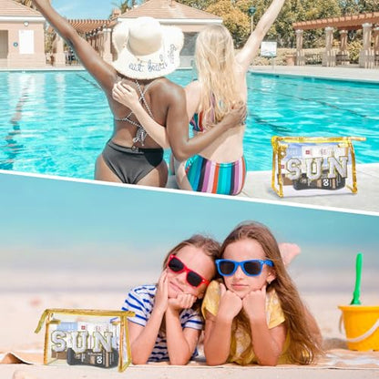 COSHAYSOO Sunscreen Bag Clear Makeup Toiletry Pouch Beach Vacation Essentials for Women Teen Girls Trip Gifts Summer Pool Travel Must Have Accessories Waterproof Stuff - color: Golden-SUN