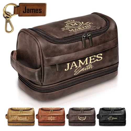 Personalized Toiletry Bag for Men, Groomsmen Gifts for Wedding, Gifts for Men, Dad, Father, Engraved Leather Travel Shaving Bag for Boyfriend, Son, Husband, Brother, Birthday, Anniversary, Graduation - color: Dark Brown