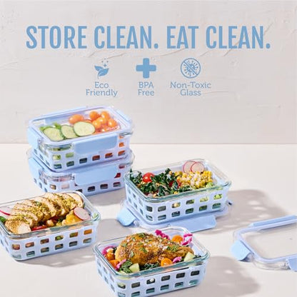 Ello Duraglass 3.4 Cup Meal Prep Sets 10Pc, 5 Pack Set- Glass Food Storage Container with Silicone Sleeve and Airtight BPA-Free Plastic Lids, Dishwasher, Microwave, and Freezer Safe, Halogen Blue - color: Halogen Blue with Sleeve