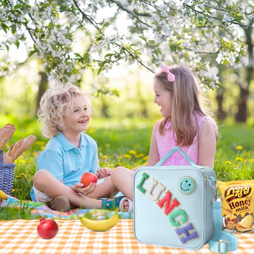 Insulated Lunch Bag With Adjustable Shoulder Strap, Nylon Preppy Lunch Box Large Insulated Lunch Bag Reusable Lunch Tote Bag with Smiley Preppy LunchBag for Girls School Travel Picnic (Blue) - color: Blue